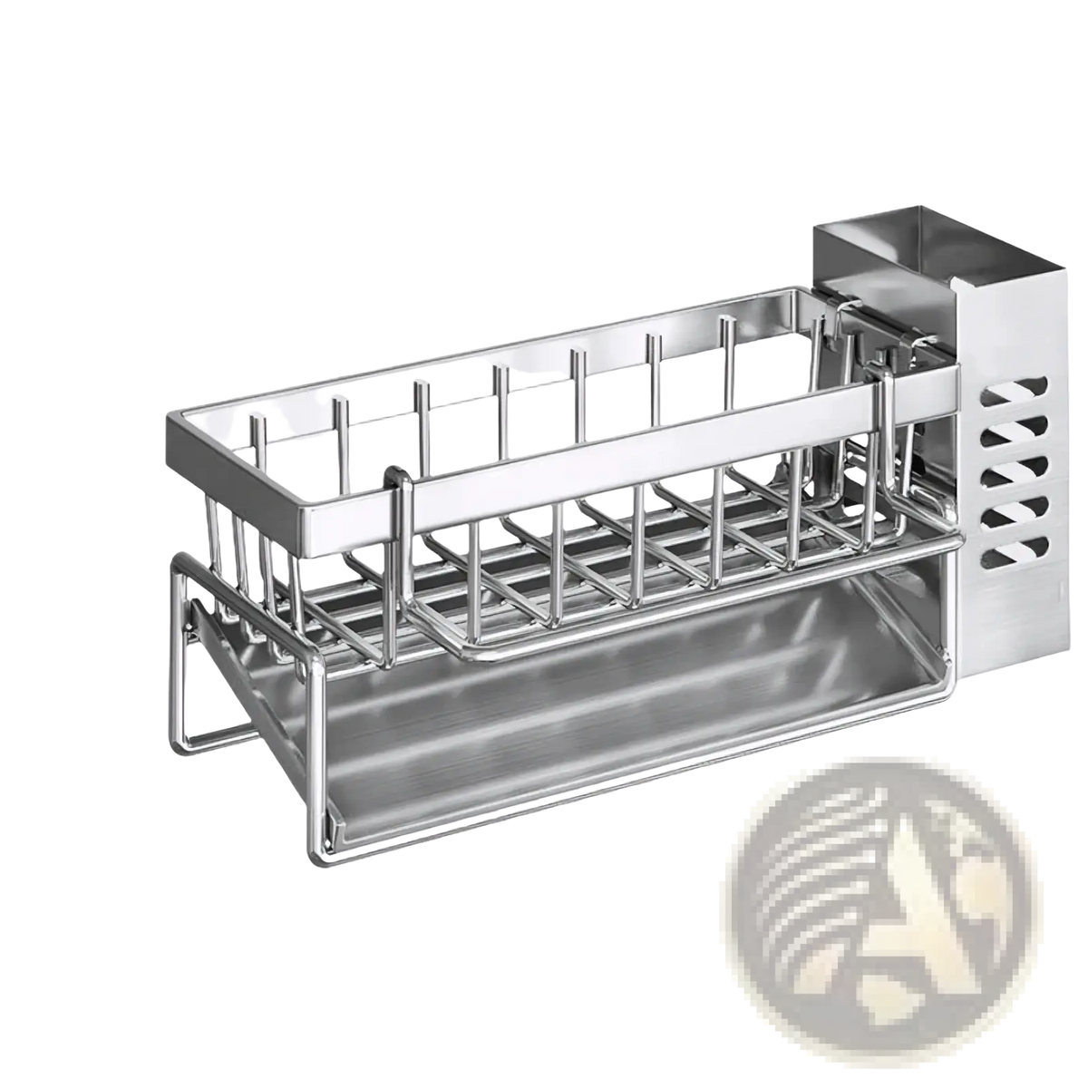 Stainless steel kitchen sink caddy with double-tiered design and vertical utensil slots for organized sponge storage