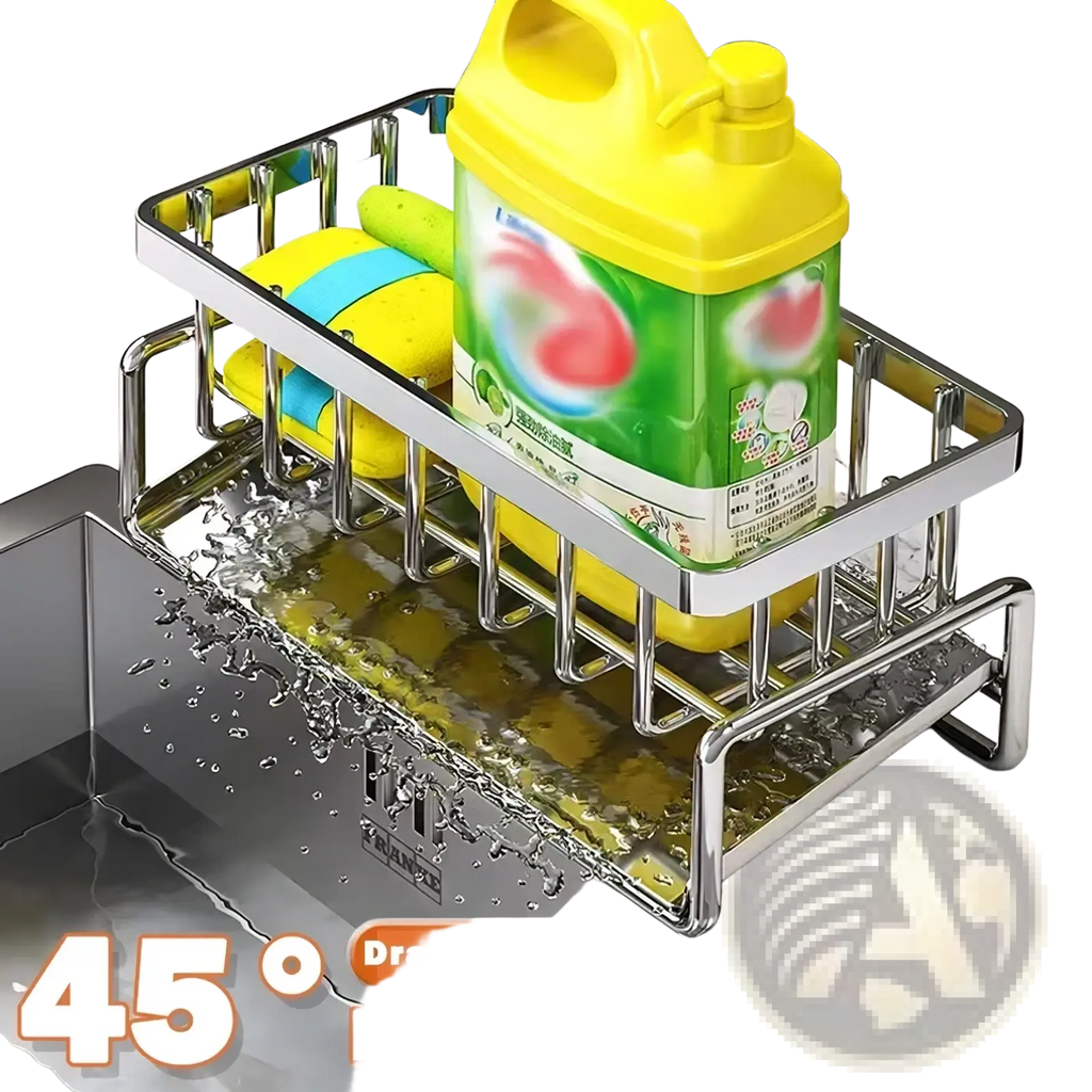 Stainless steel kitchen sink caddy sponge holder with 45-degree inclined water tray design holding cleaning supplies