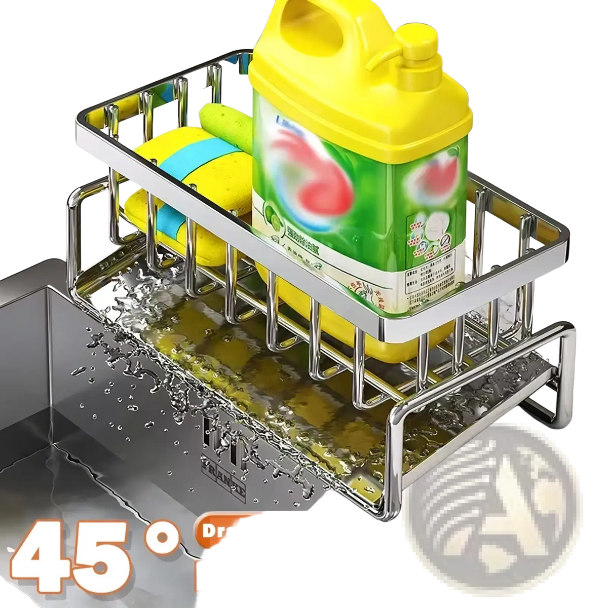 Stainless steel kitchen sink caddy sponge holder with 45-degree inclined water tray design holding cleaning supplies