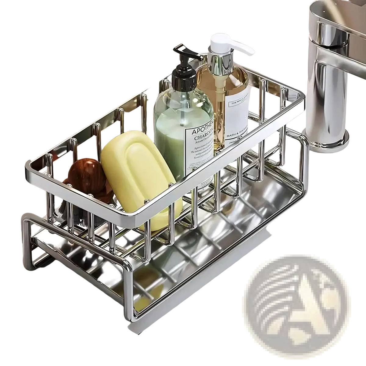 Shiny stainless steel bathroom soap and lotion organizer with grid design for kitchen sink caddy sponge holder