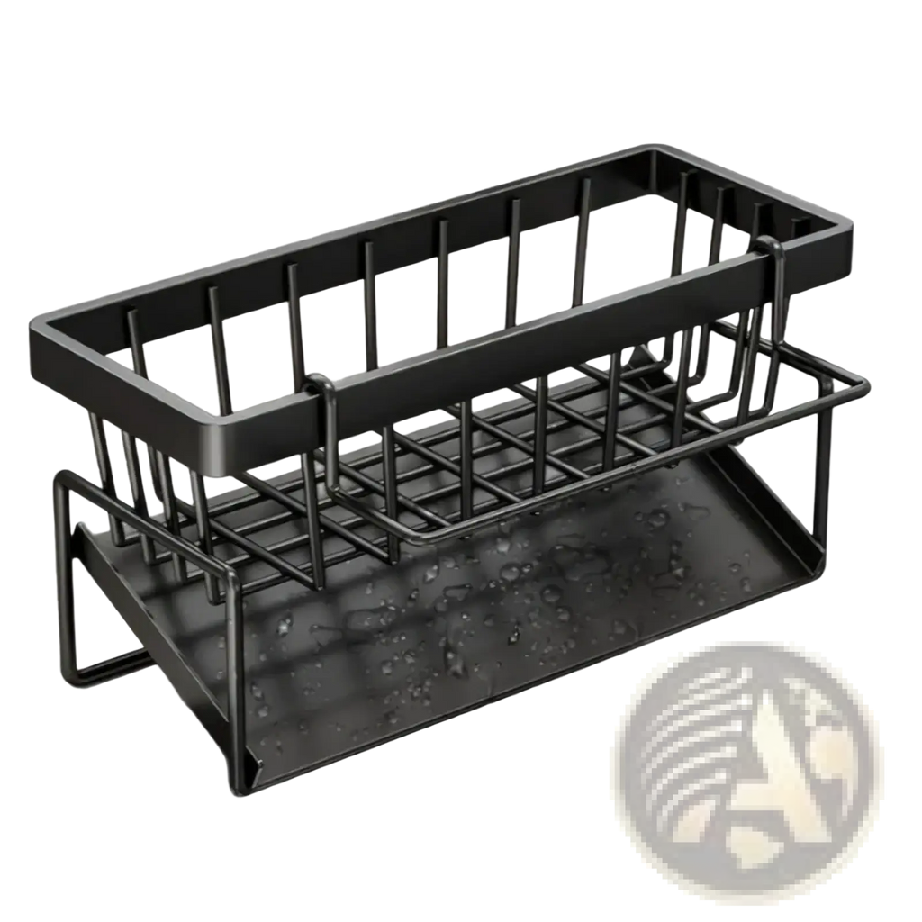 Black metal wire shower caddy with double-tiered design and water-resistant finish for stainless steel kitchen sink caddy sponge holder