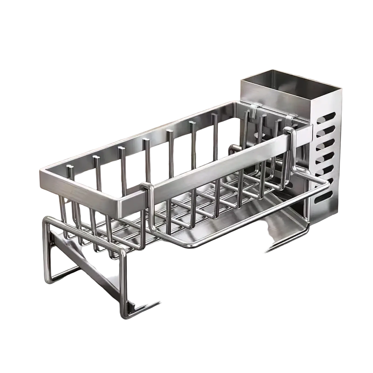 Stainless steel kitchen sink caddy sponge holder with rectangular base, vertical rod dividers, and slotted side compartment