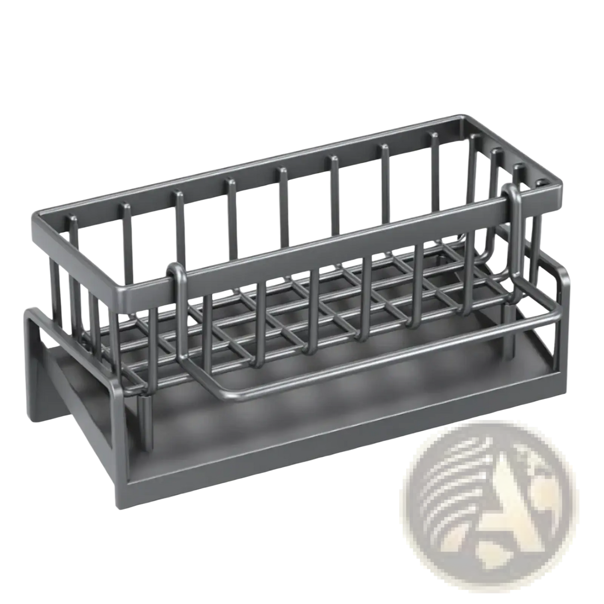 Gray stainless steel kitchen sink caddy with wire mesh dish rack design and solid base for sponge holder use