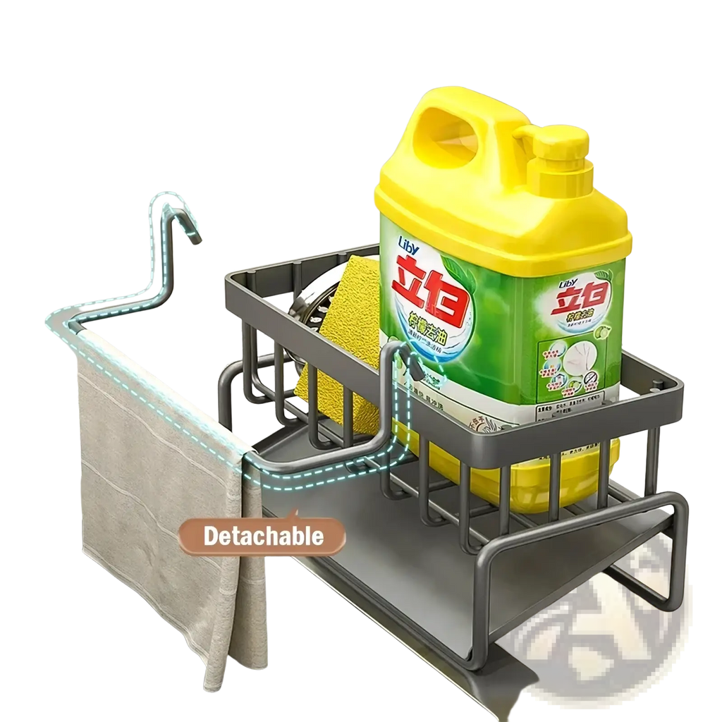 Gray stainless steel kitchen sink caddy with wire mesh design and detachable towel bar for sponge and utensil storage