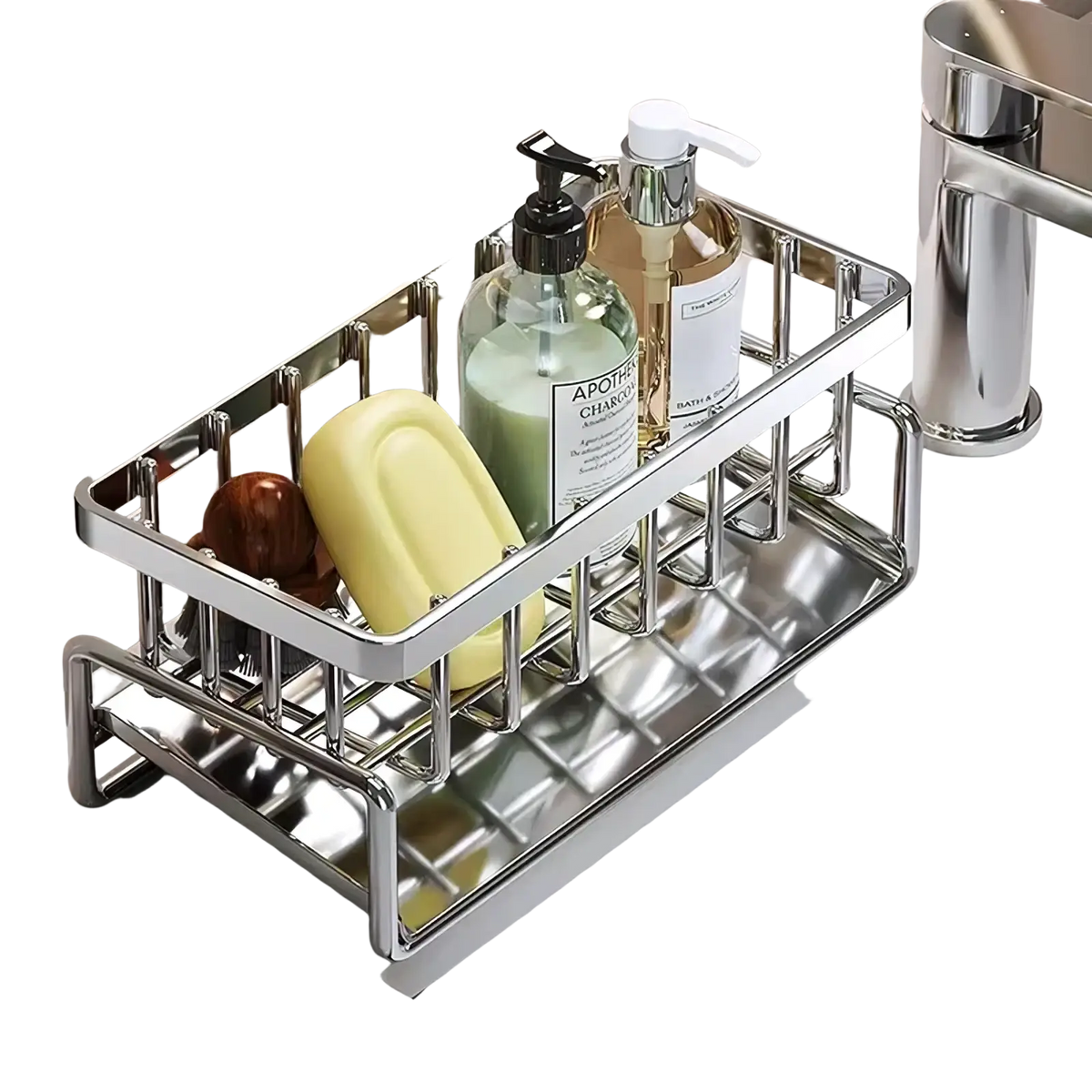 Shiny stainless steel bathroom soap and lotion organizer with grid design for kitchen sink caddy sponge holder