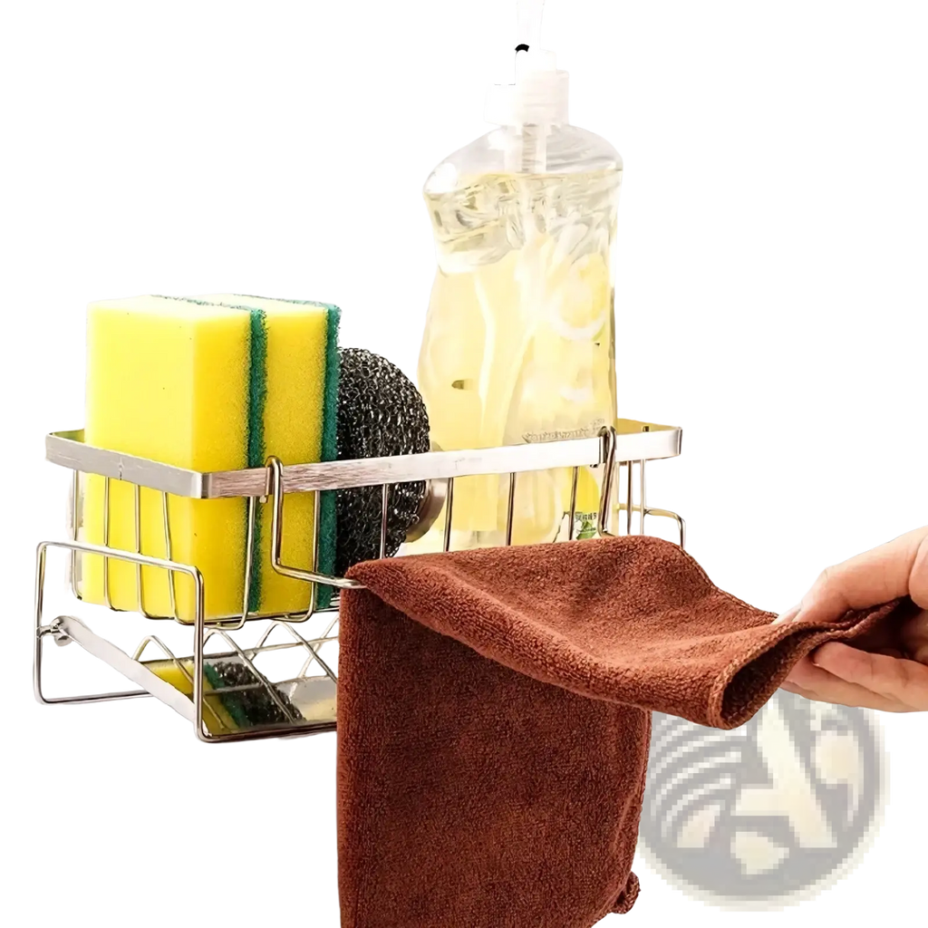 Silver stainless steel kitchen sink caddy sponge holder with towel bar holding scrubber scouring pad soap dispenser and cloth