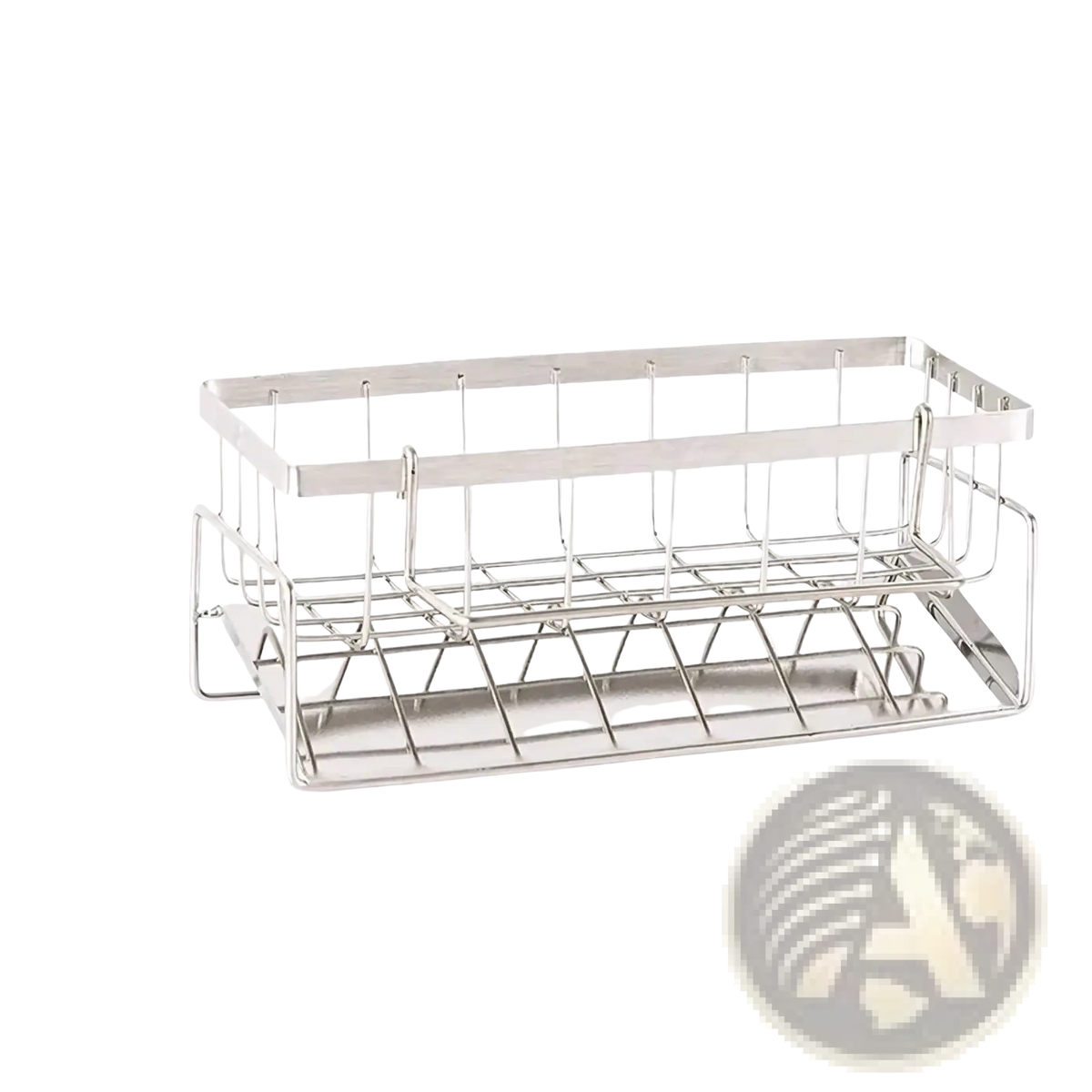 Silver stainless steel kitchen sink caddy sponge holder with rectangular grid pattern and flat base for organization