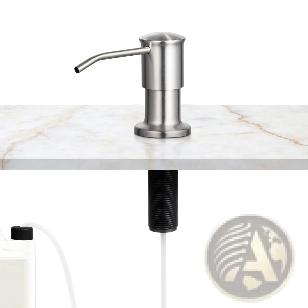 Stainless steel kitchen sink soap dispenser pump with sleek modern design and curved spout in silver finish