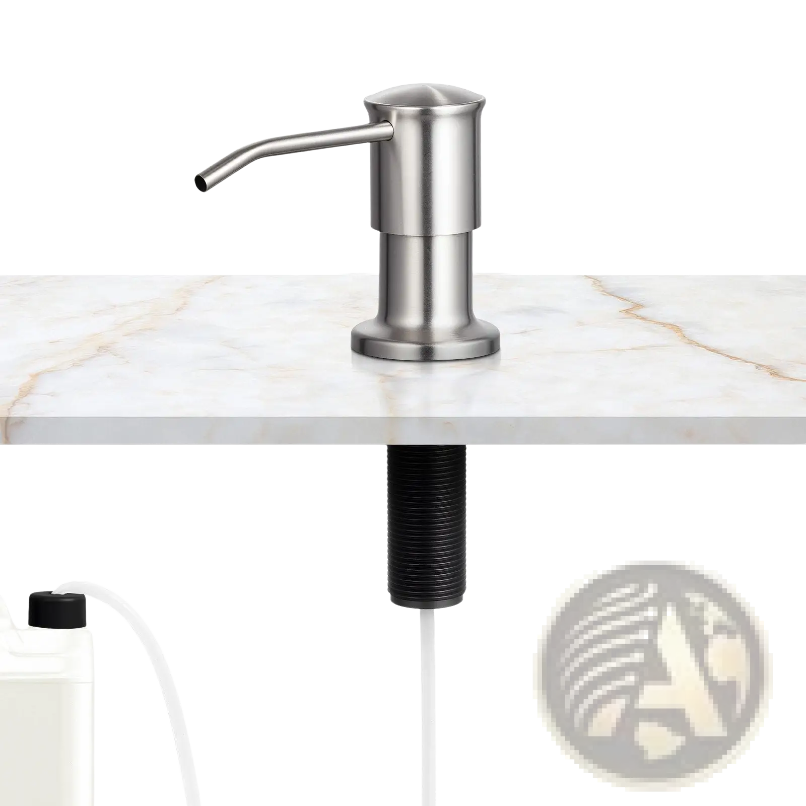 Stainless steel kitchen sink soap dispenser pump with sleek modern design and curved spout in silver finish