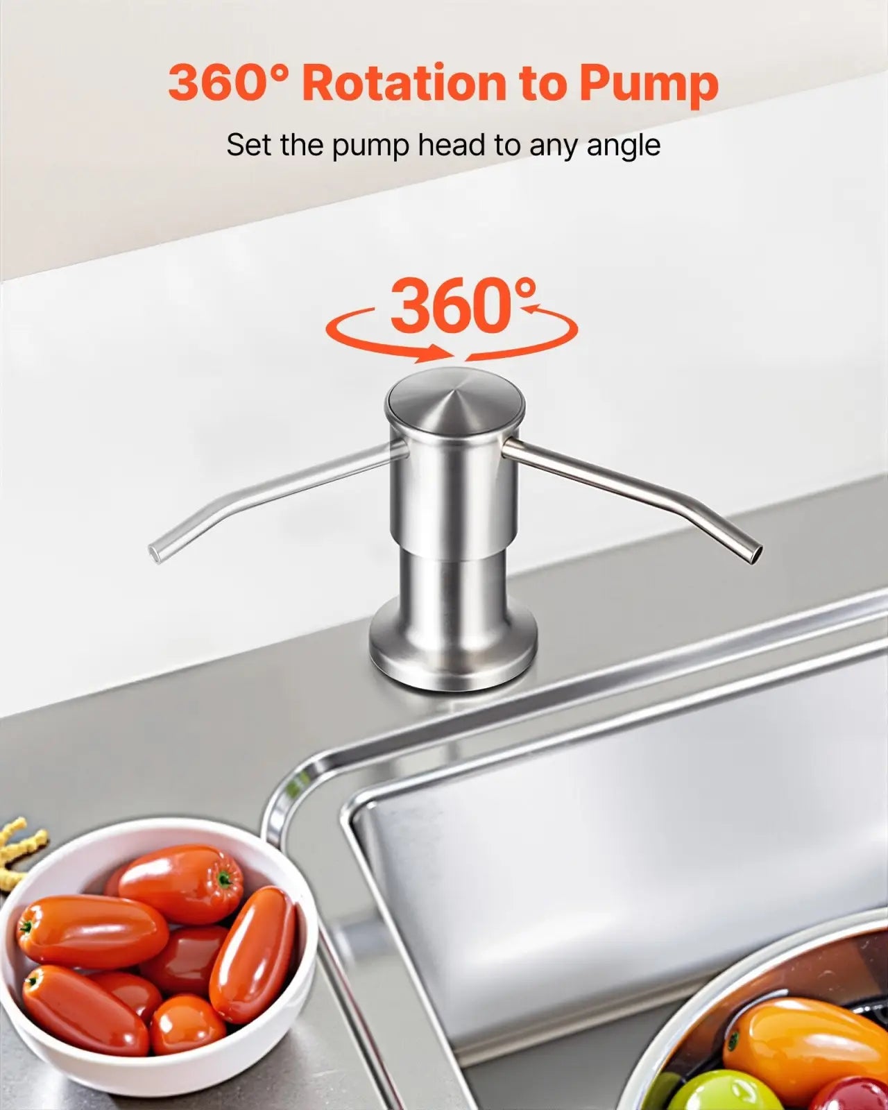 Stainless steel kitchen sink soap dispenser pump with a sleek modern design and 360-degree rotating stainless steel pump