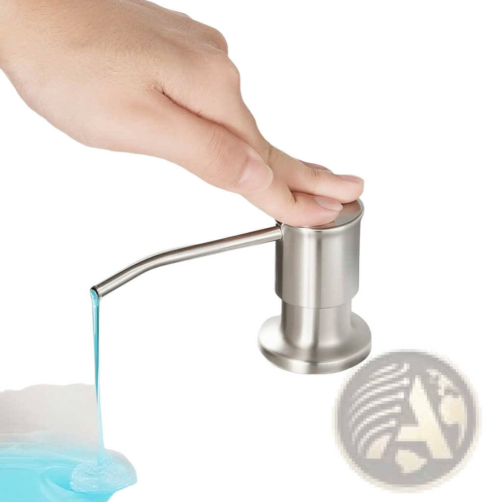 Stainless steel kitchen sink soap dispenser pump with sleek modern design and curved spout in silver finish