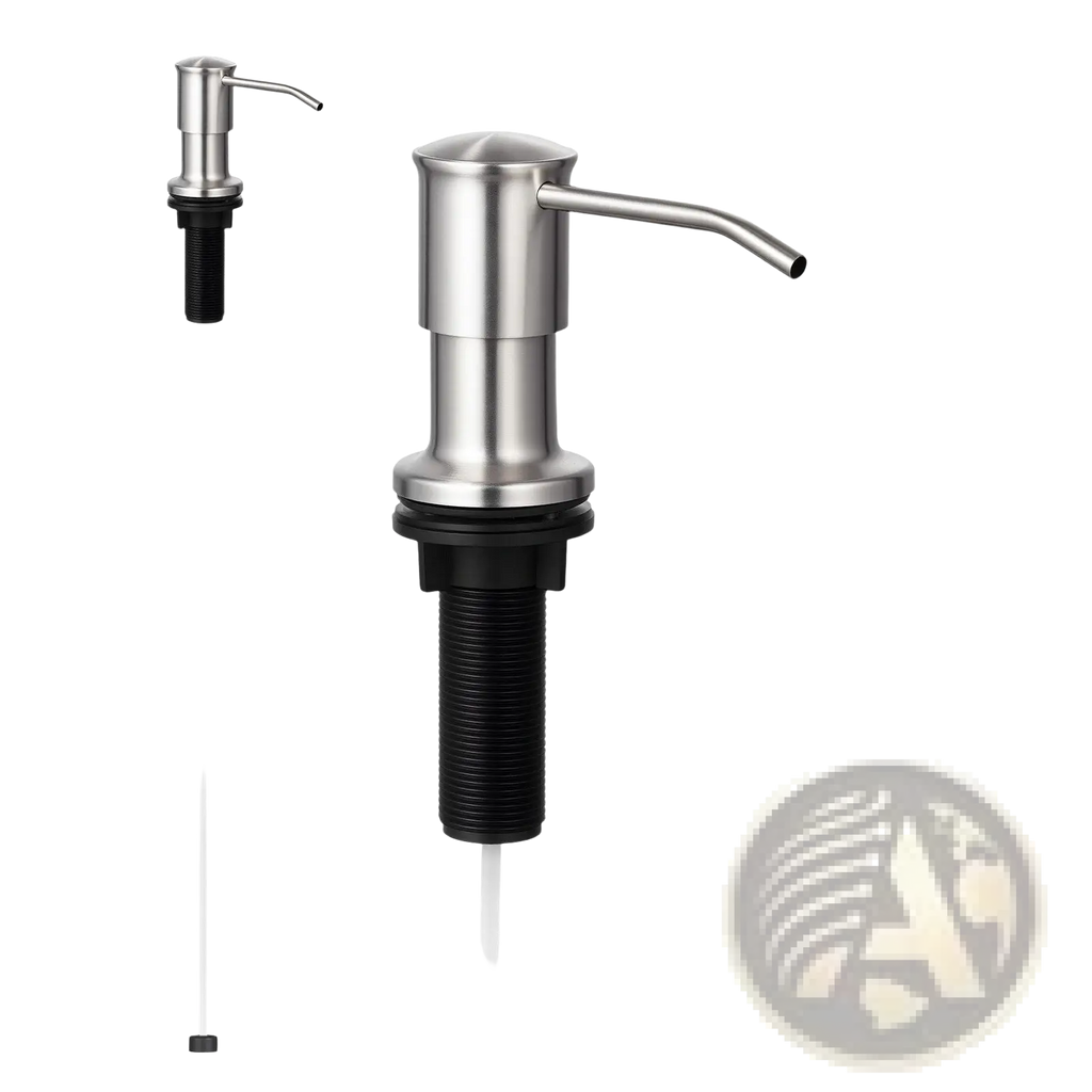 Stainless steel kitchen sink soap dispenser pump with sleek modern design and black threaded base