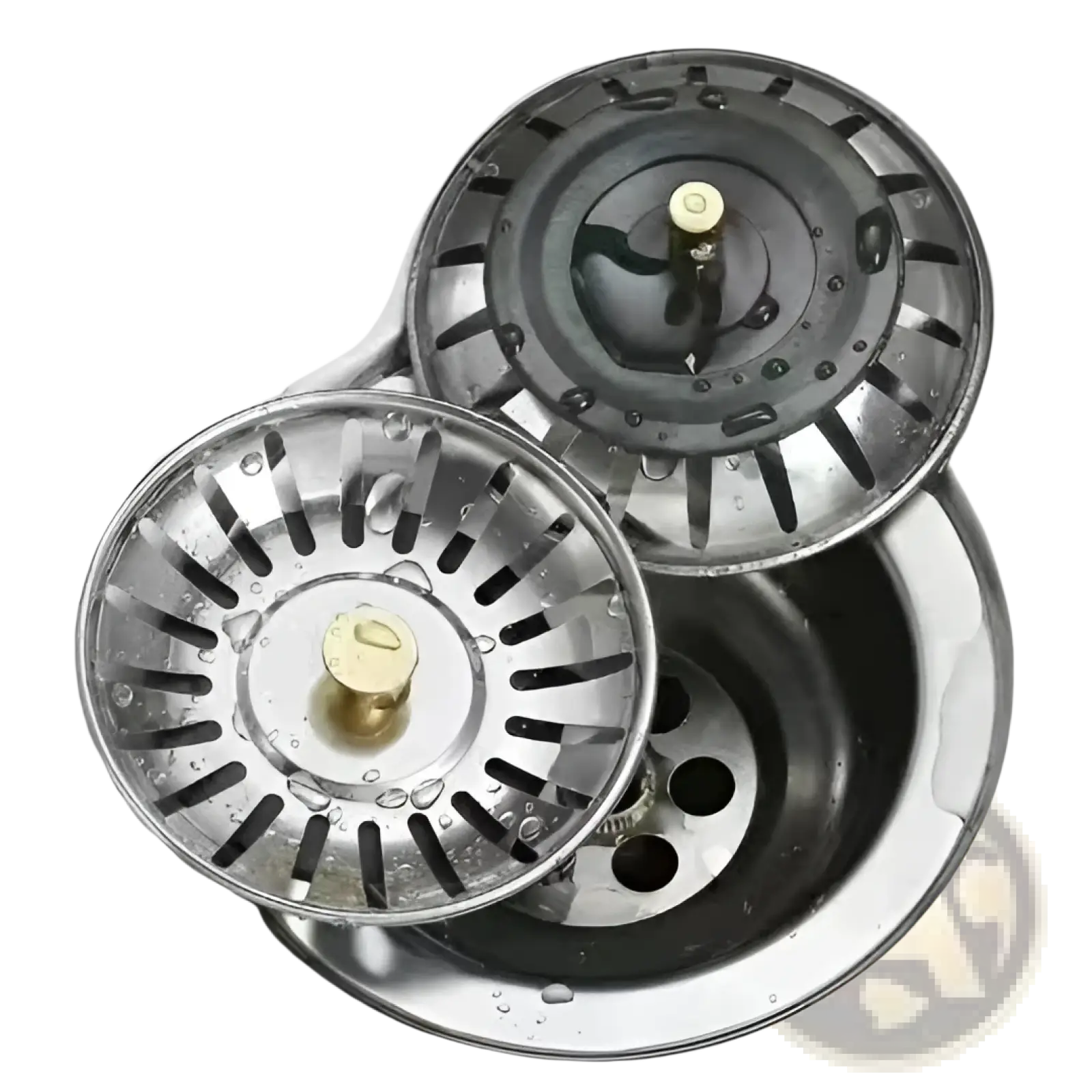 Silver stainless steel kitchen sink strainer plug 78mm with brass-colored screw and radial slits for water flow