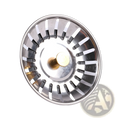 Stainless steel kitchen sink strainer plug 78mm with brass-colored central knob and radial slots for drainage