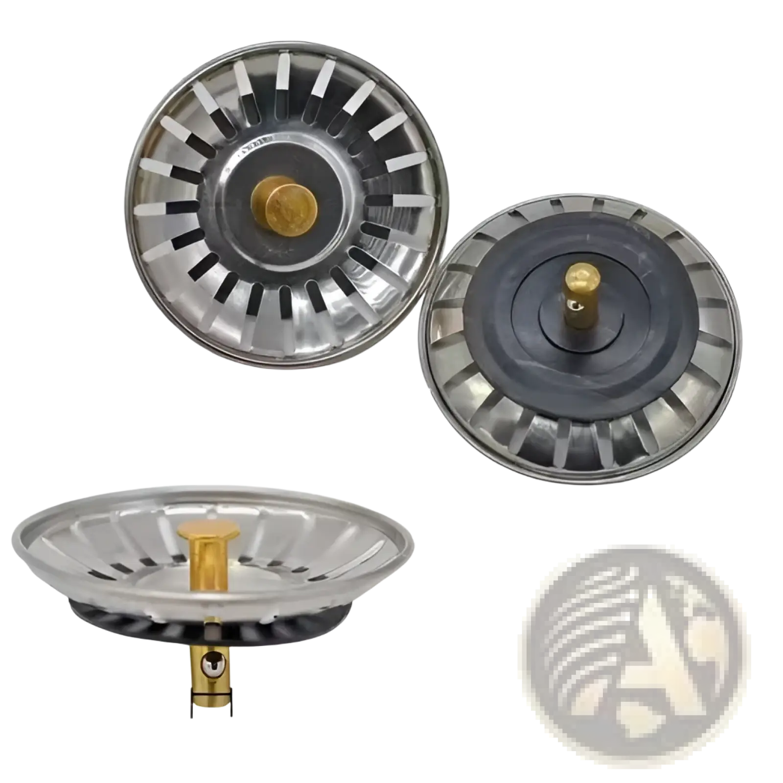 Silver stainless steel kitchen sink strainer plug with gold-toned central plug and black gasket 78mm diameter