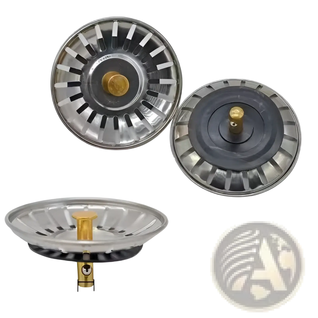 Silver stainless steel kitchen sink strainer plug with gold-toned central plug and black gasket 78mm diameter