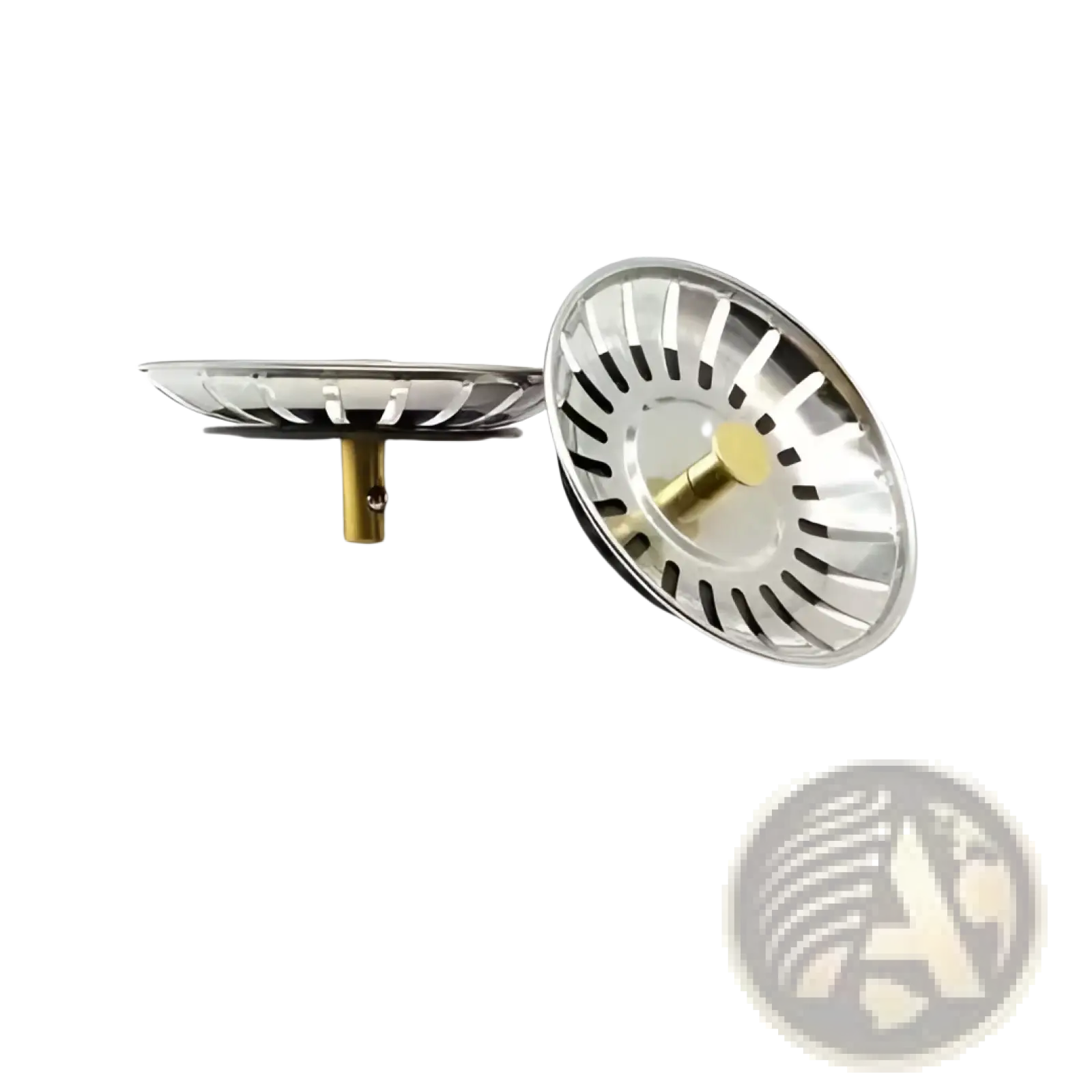 Stainless steel kitchen sink strainer plug 78mm with gold-toned central stem and radial slits for drainage