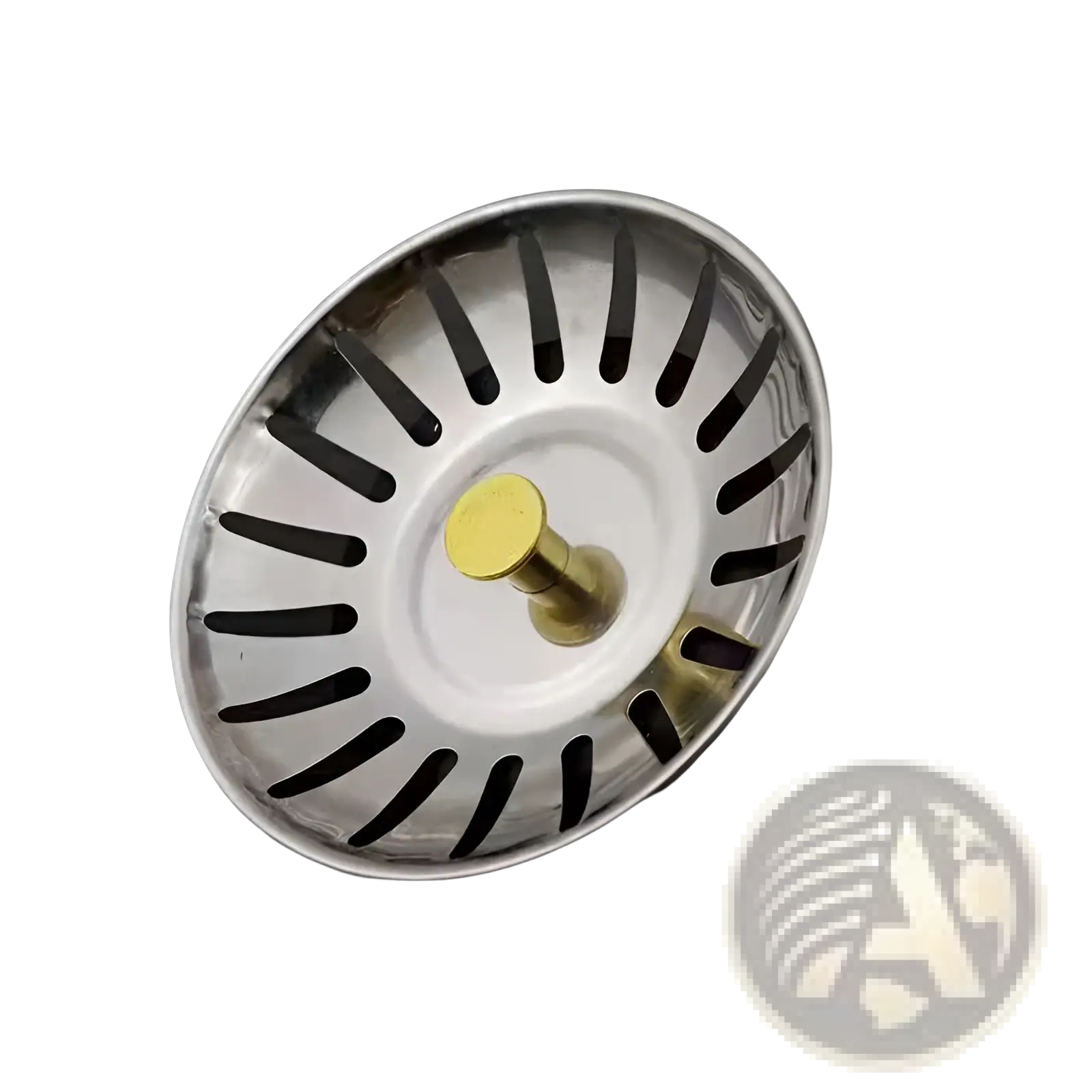 Stainless steel kitchen sink strainer plug 78mm with gold-toned central knob and radial slits for effective drainage