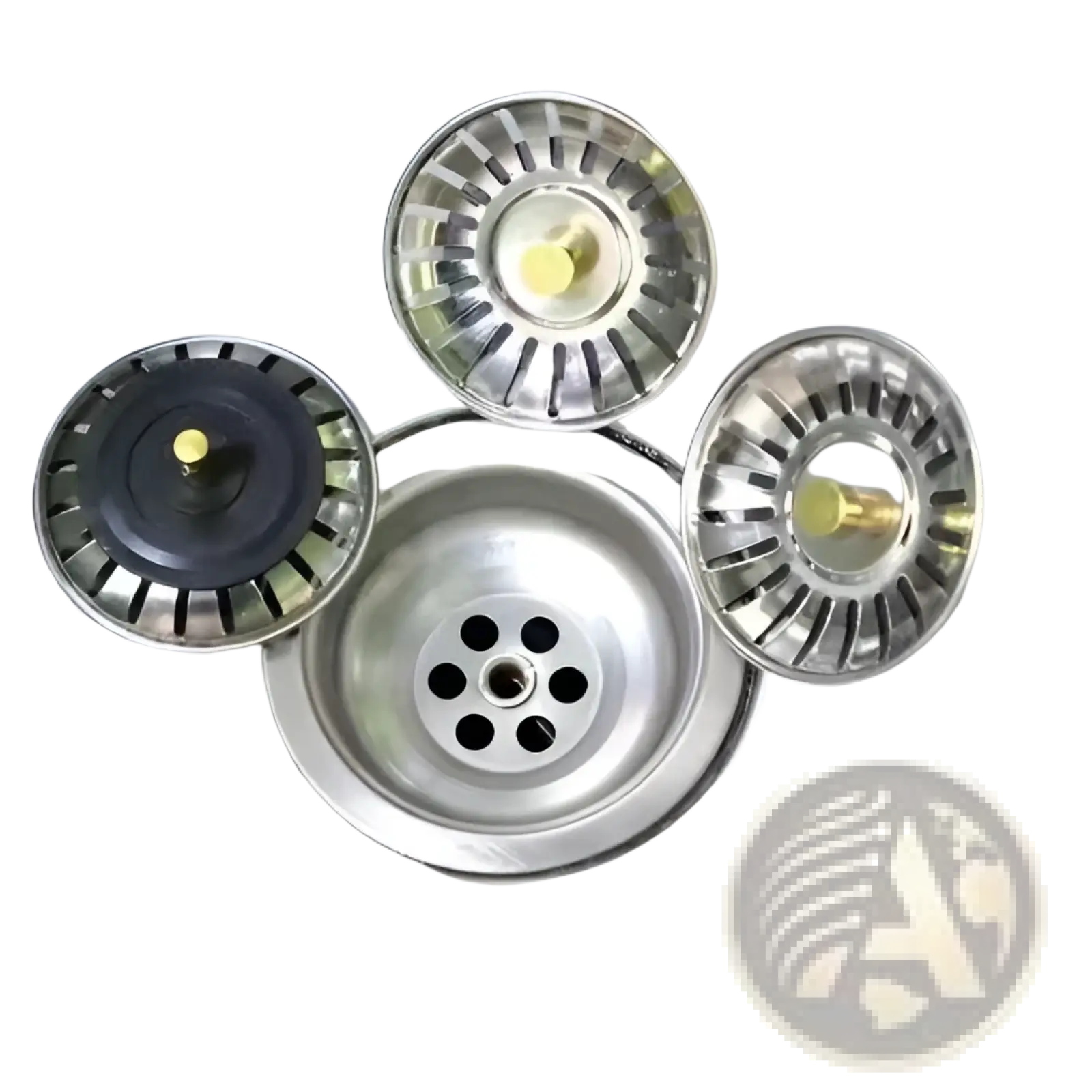 Stainless steel kitchen sink strainer plug 78mm with radial slits and golden centers one with black rubber seal