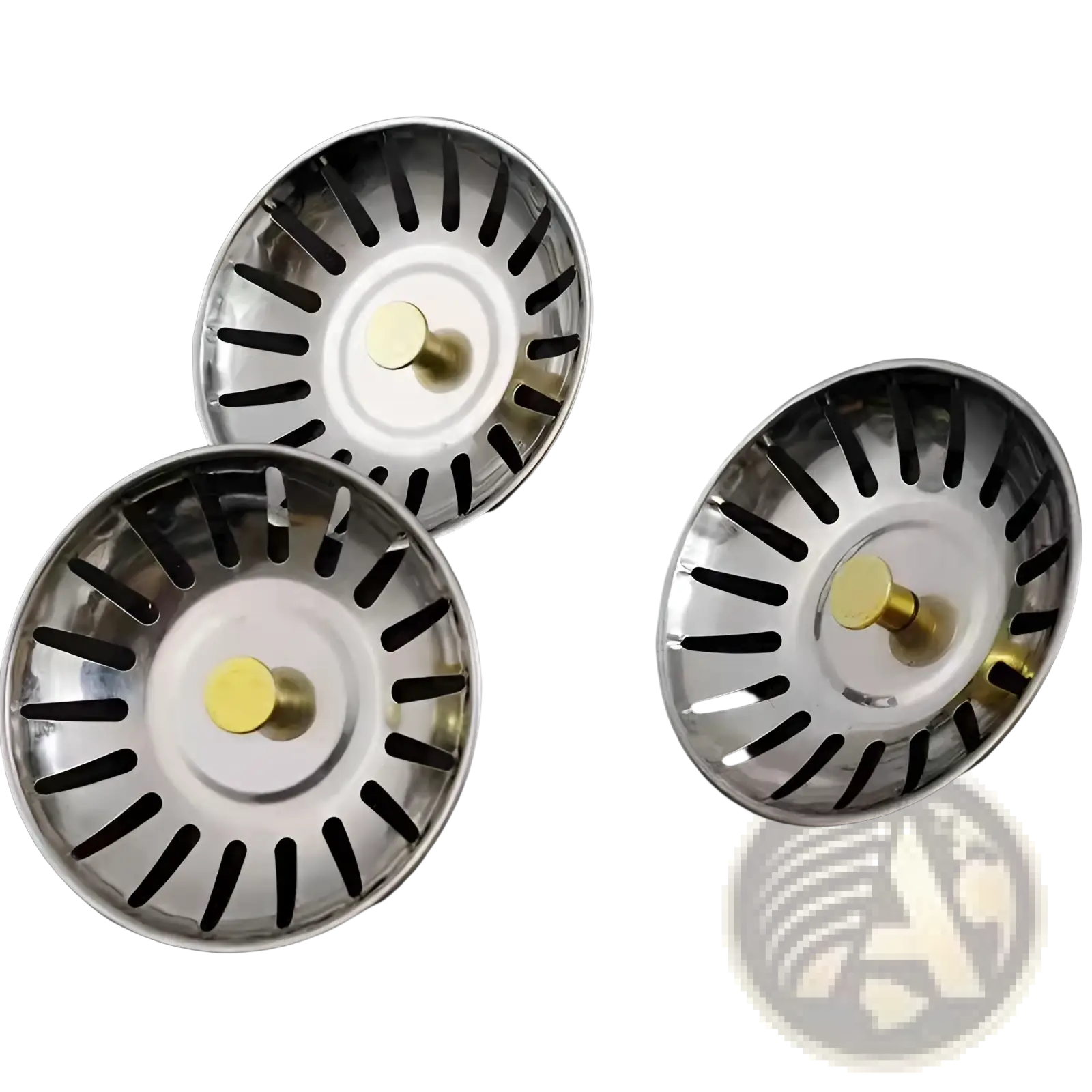 Three shiny stainless steel kitchen sink strainer plugs 78mm with black slotted design and gold central knobs