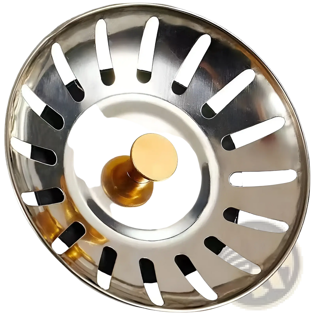 Stainless steel kitchen sink strainer plug with gold-toned central knob and radiating slotted design 78mm