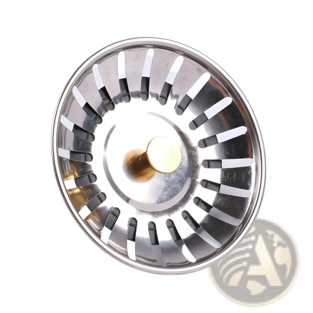 Stainless steel kitchen sink strainer plug 78mm with brass-colored central knob and radial slots for drainage
