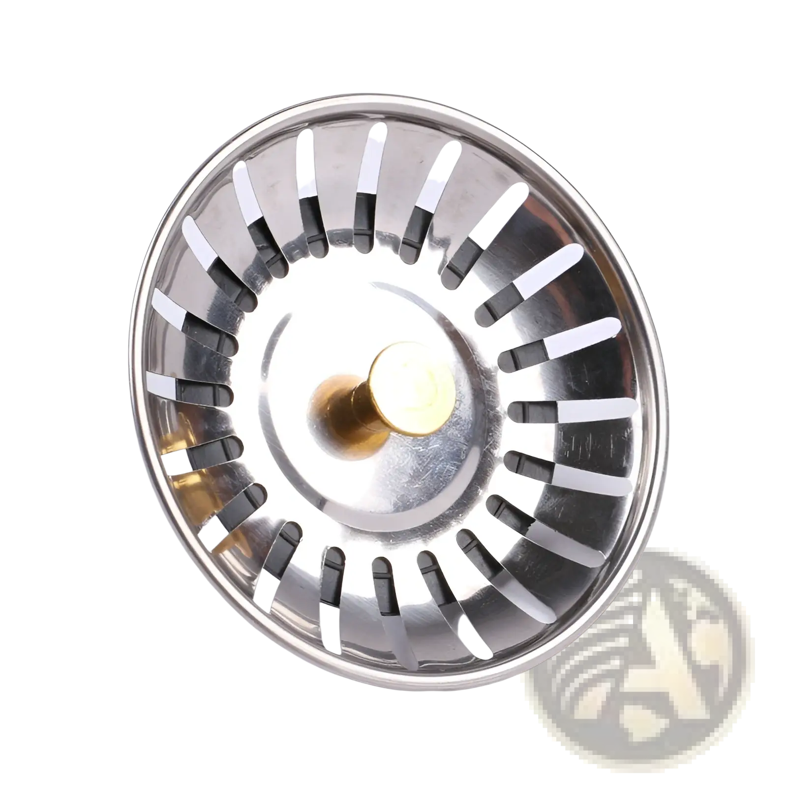 Stainless steel kitchen sink strainer plug 78mm with brass-colored central knob and radial slots for drainage