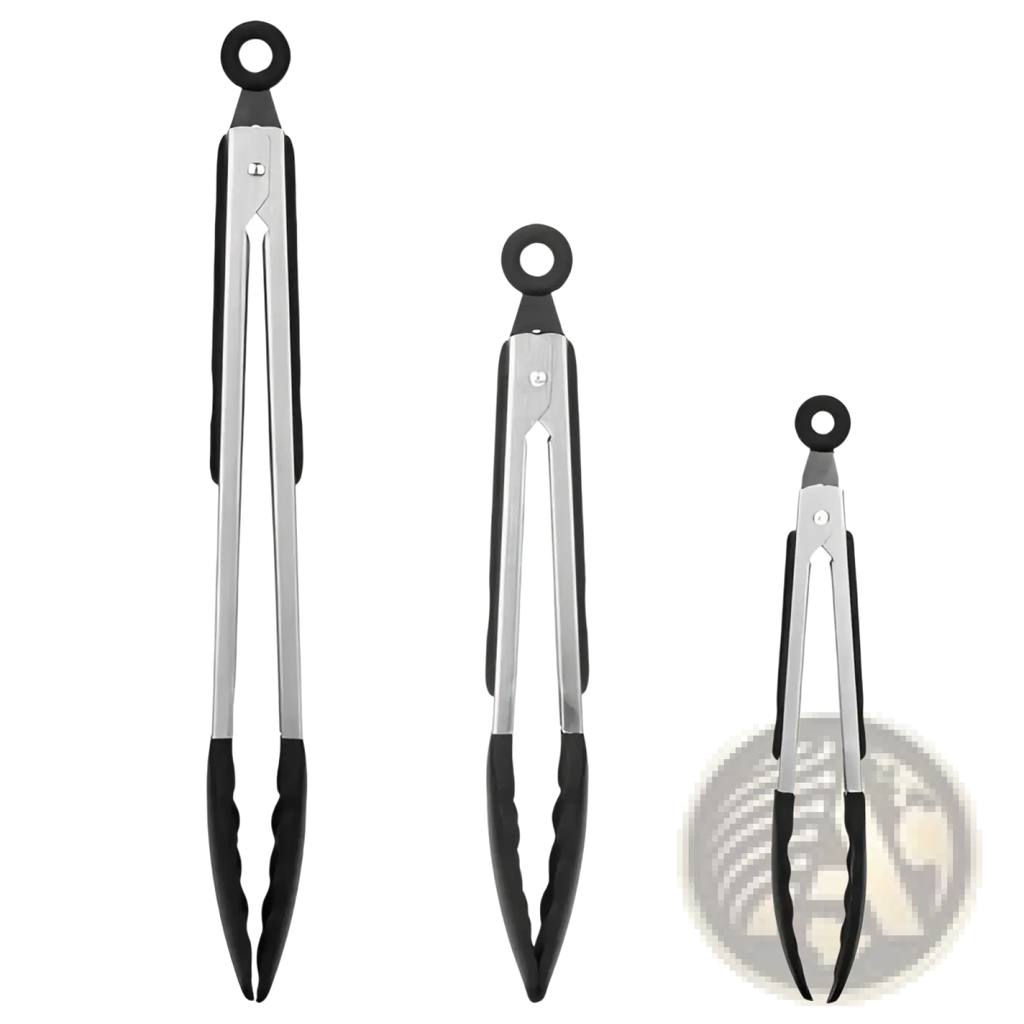 Set of three stainless steel kitchen tongs with black silicone tips and circular handles for cooking use