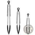 Set of three stainless steel kitchen tongs with black silicone tips and circular handles for cooking use