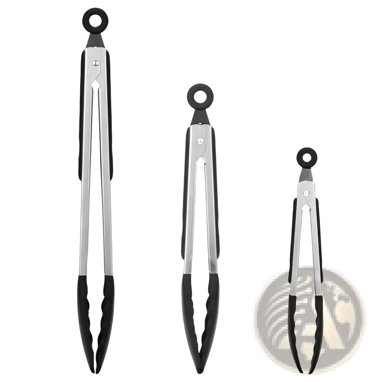 Set of three stainless steel kitchen tongs with black silicone tips and circular handles for cooking use