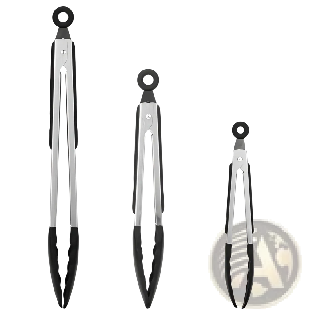 Set of three stainless steel kitchen tongs with black silicone tips and looped handles in 7, 9, and 12 inches
