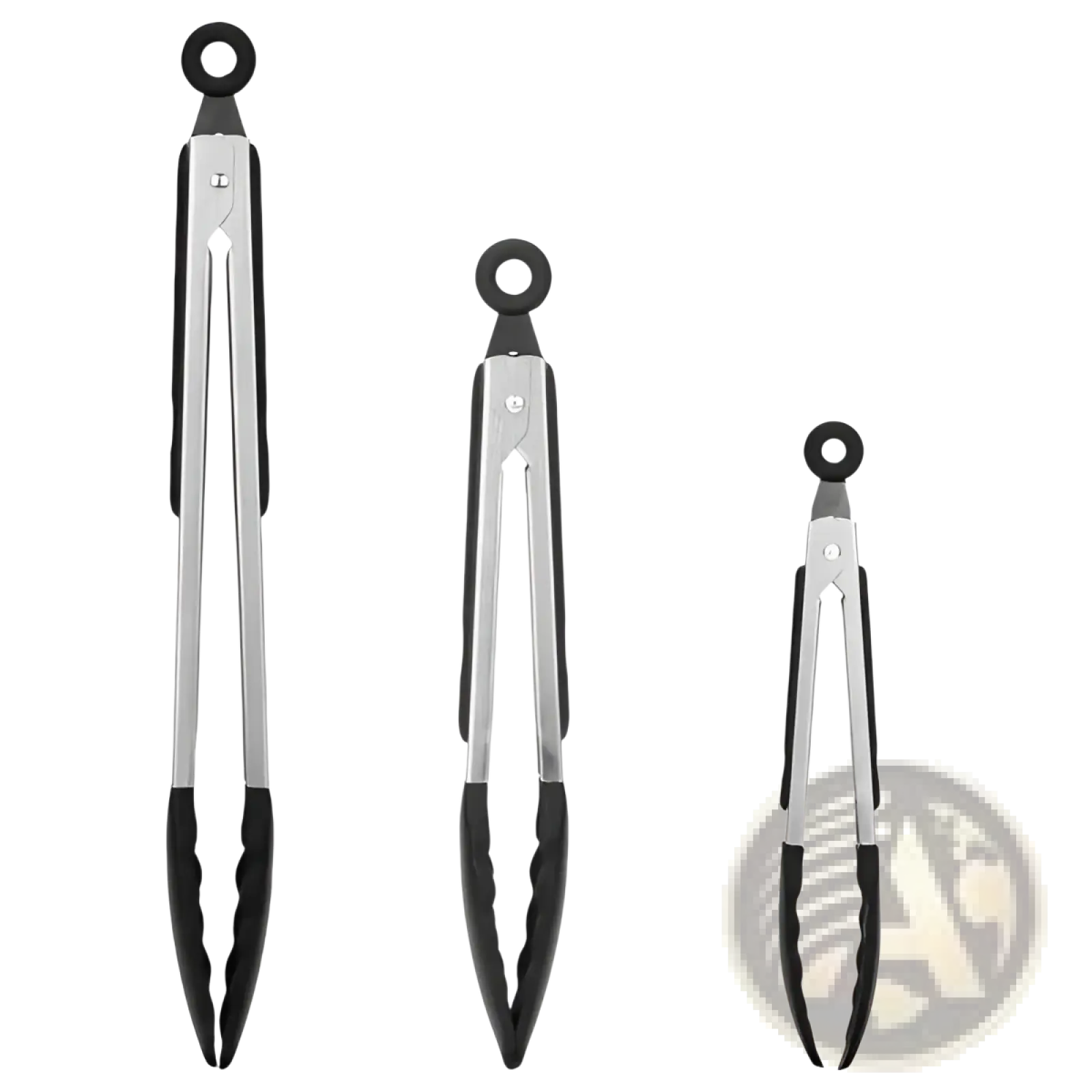 Set of three stainless steel kitchen tongs with black silicone tips and looped handles in 7, 9, and 12 inches