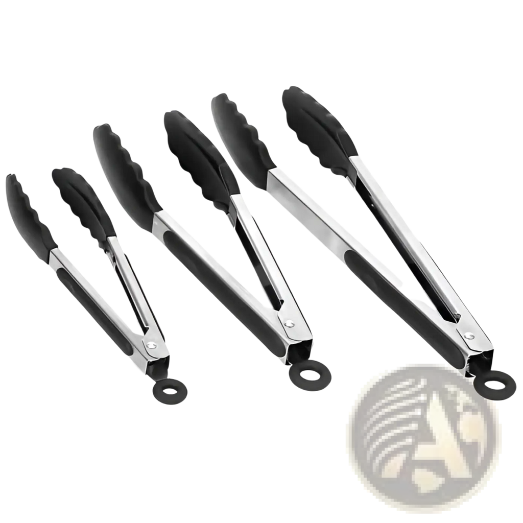 Set of four stainless steel kitchen tongs with black silicone-coated handles and circular hanging loops