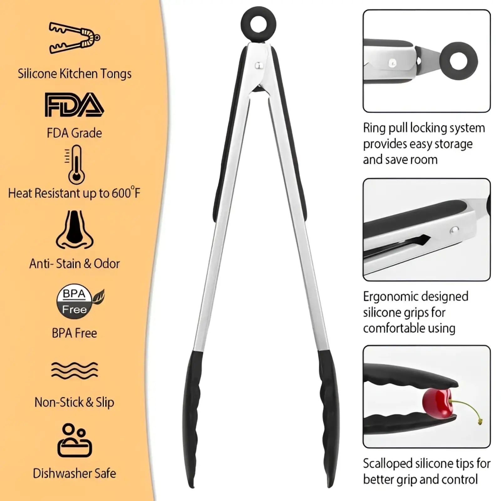 Silver stainless steel kitchen tongs with black silicone grips and scalloped tips from a 3 pack set