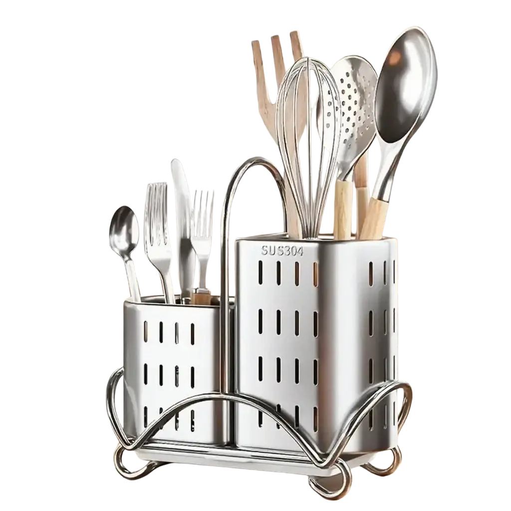 Stainless steel kitchen utensil holder organiser with two compartments for cutlery and larger tools in silver finish