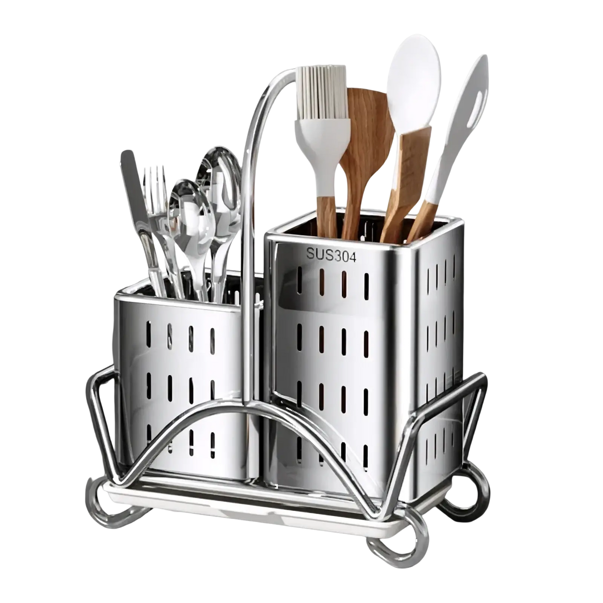 Stainless steel kitchen utensil holder organiser with two perforated compartments and a curved handle holding silverware and silicone-handled wooden spatulas