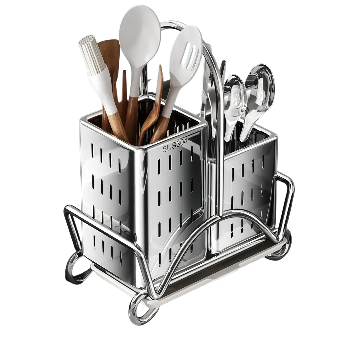 Stainless steel kitchen utensil holder organiser with two rectangular compartments and perforated sides for ventilation and drainage