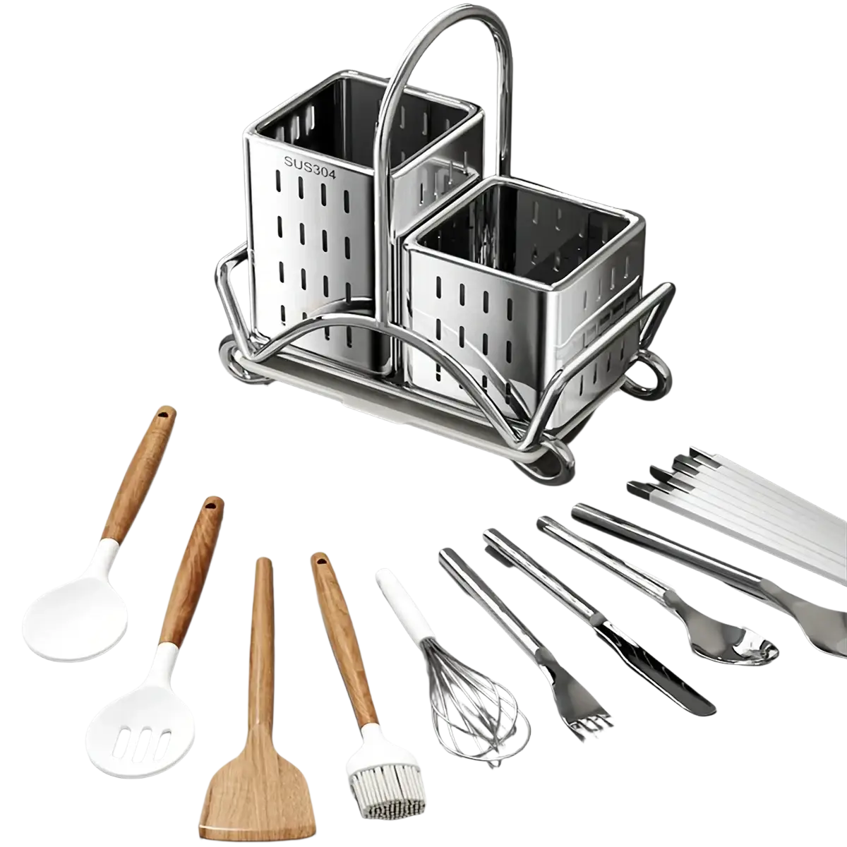 Stainless steel kitchen utensil holder organiser with dual compartments handle and perforated sides for efficient storage