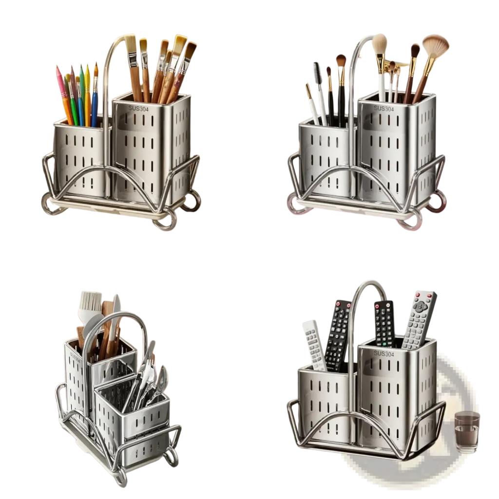 Stainless steel kitchen utensil holder organiser with dual compartments curved handle and wheels for brushes or remotes