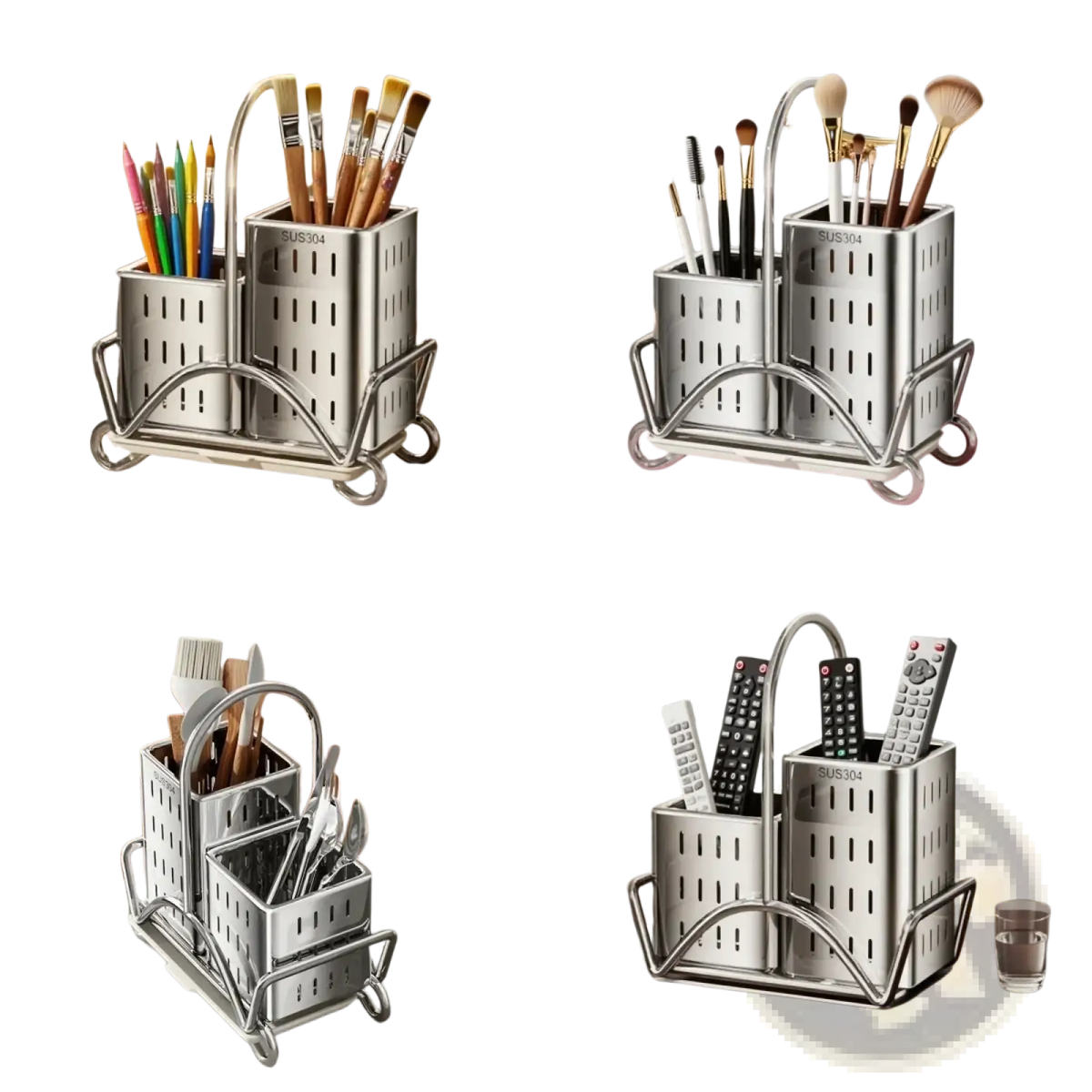 Stainless steel kitchen utensil holder organiser with dual compartments curved handle and wheels for brushes or remotes