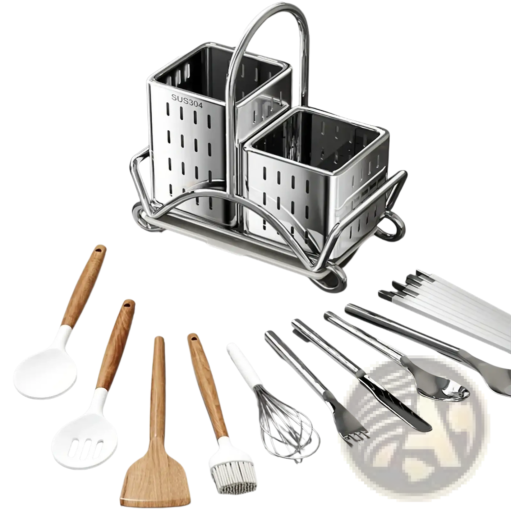 Stainless steel kitchen utensil holder organiser with dual compartments handle and perforated sides for efficient storage