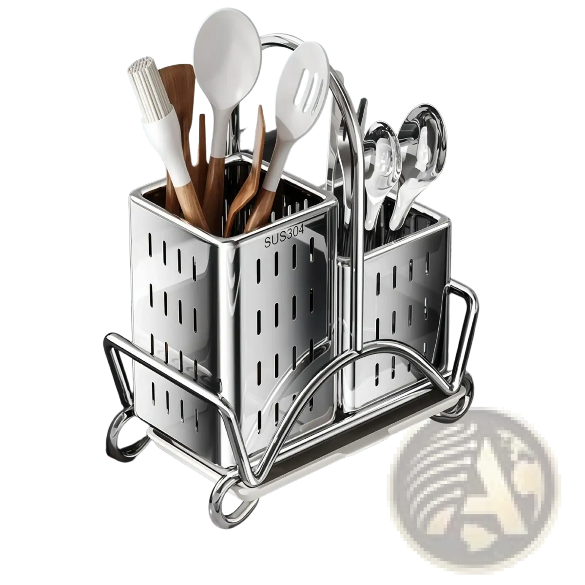 Stainless steel kitchen utensil holder organiser with two rectangular compartments and perforated sides for ventilation and drainage