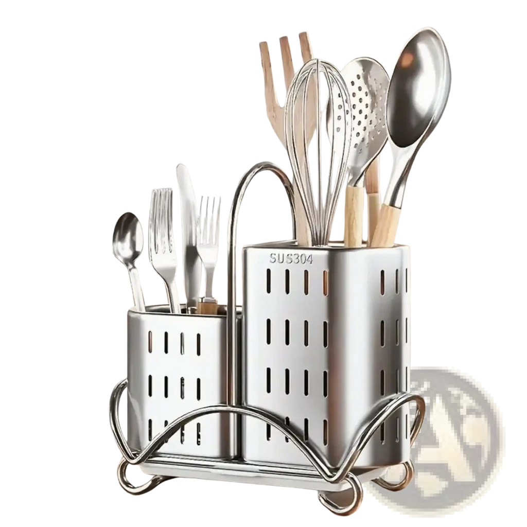 Stainless steel kitchen utensil holder organiser with two compartments for cutlery and larger tools in silver finish