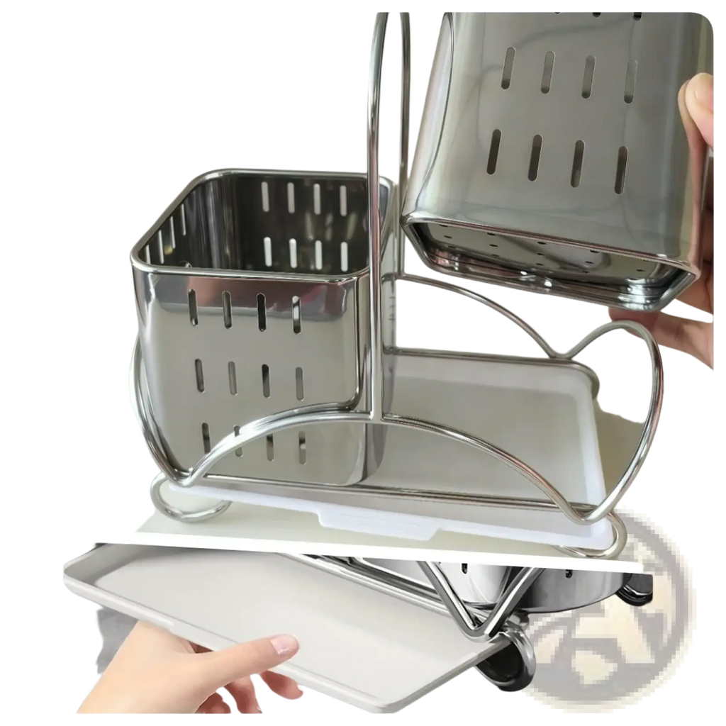 Stainless steel kitchen utensil holder organiser with white plastic tray base and perforated rectangular compartments