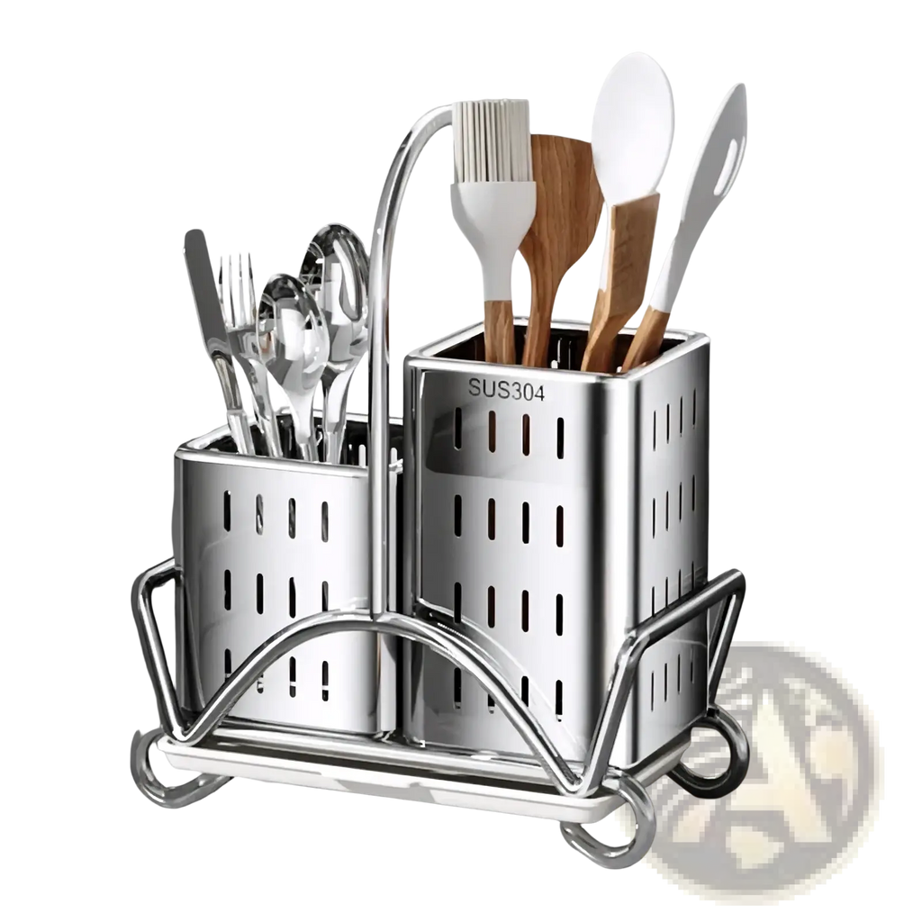 Stainless steel kitchen utensil holder organiser with two perforated compartments and a curved handle holding silverware and silicone-handled wooden spatulas