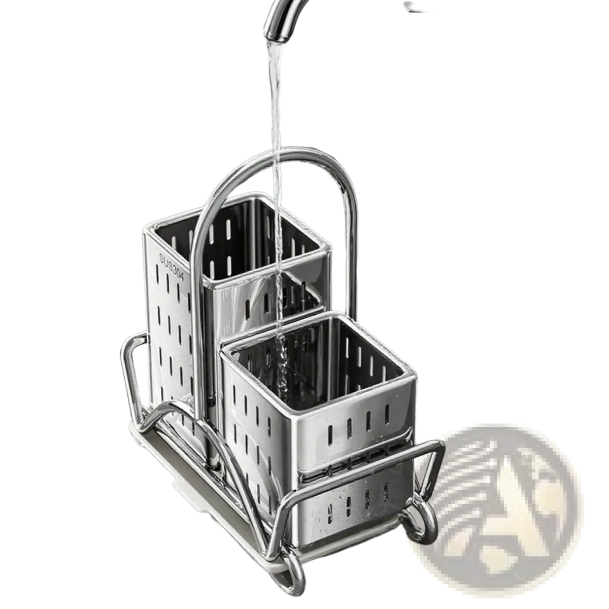 Stainless steel kitchen utensil holder organiser with two compartments, perforated sides, and a curved handle