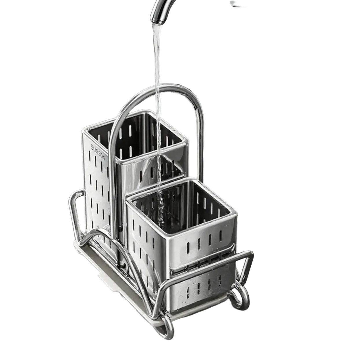 Stainless steel kitchen utensil holder organiser with two compartments, perforated sides, and a curved handle