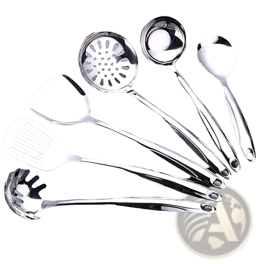 Stainless steel kitchen utensil set with sleek reflective surfaces and ergonomic handles for efficient cooking