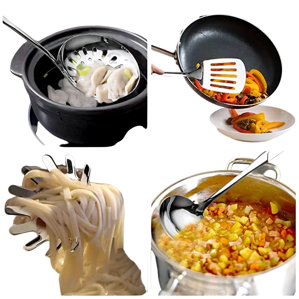 Stainless steel kitchen utensil set with slotted ladle spatula with ridged grip pasta fork and solid spoon in silver finish