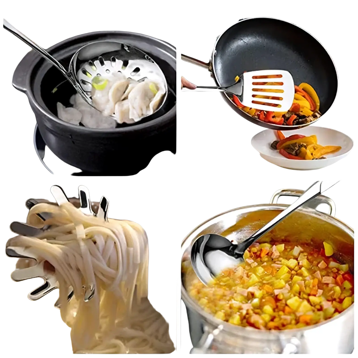 Stainless steel kitchen utensil set with slotted ladle spatula with ridged grip pasta fork and solid spoon in silver finish